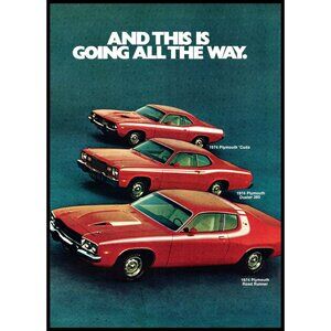 1974 Plymouth Barracuda Duster 360 Road Runner Line Up Vintage Print Ad Wall Art